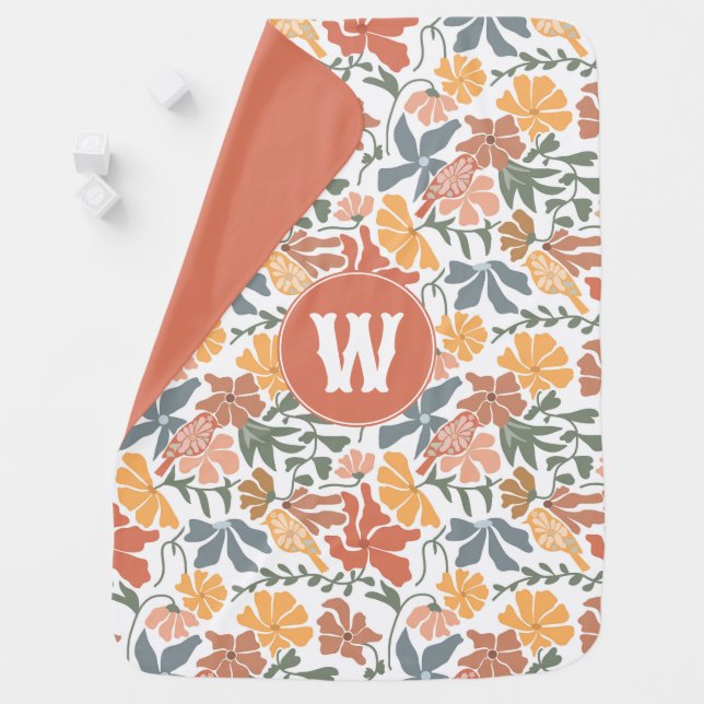 Abstract Floral Birds Mid Century Modern Monogram Baby Blanket (In Situ)