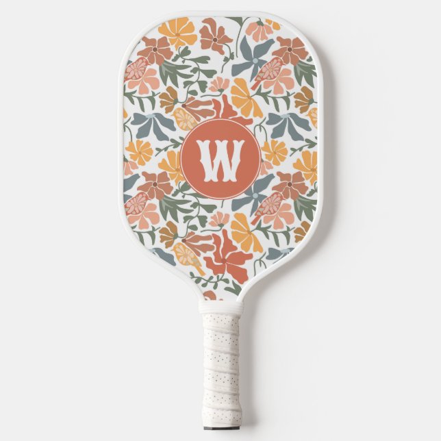 Abstract Floral Birds Mid Century Modern Monogram Pickleball Paddle (Front)