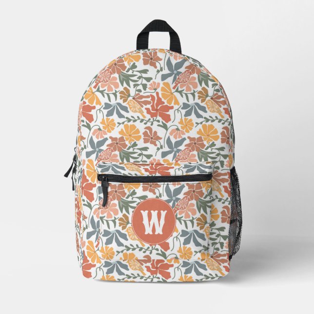 Abstract Floral Birds Mid Century Modern Monogram Printed Backpack (Front)