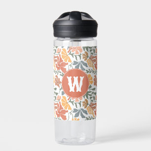 Abstract Floral Birds Mid Century Modern Monogram Water Bottle