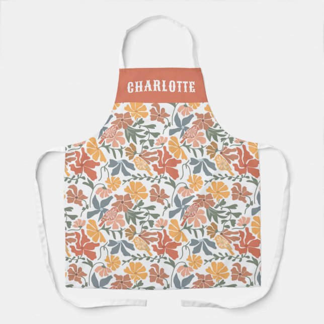 Abstract Floral & Birds Mid Century Modern Name Apron (Front)