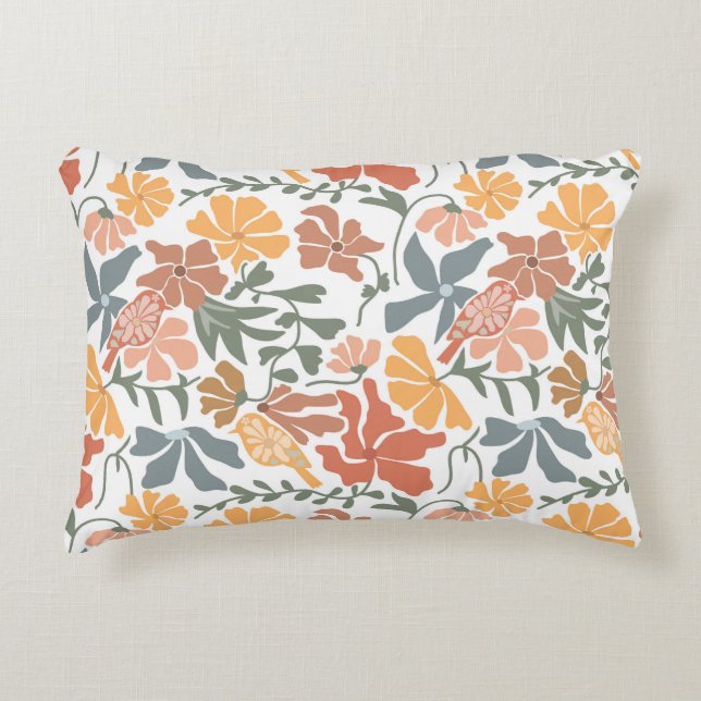 Abstract Floral & Birds Mid Century Modern Pattern Accent Pillow (Front)