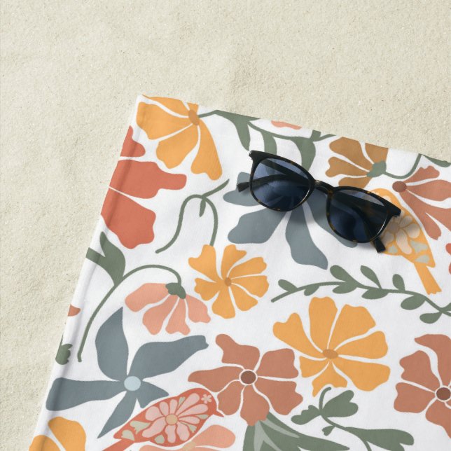 Abstract Floral & Birds Mid Century Modern Pattern Beach Towel (In Situ)