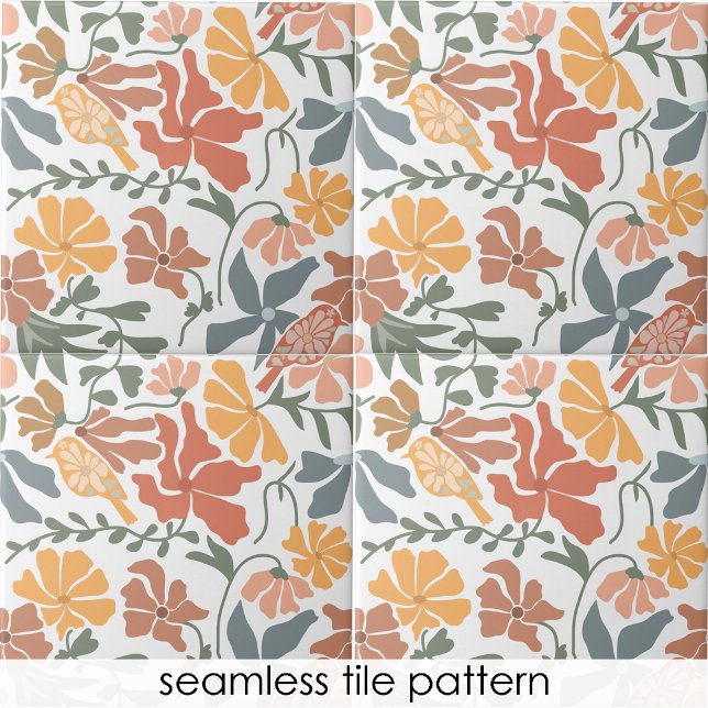Abstract Floral & Birds Mid Century Modern Pattern Ceramic Tile (Abstract Floral & Birds Mid Century Modern Pattern Ceramic Tile)