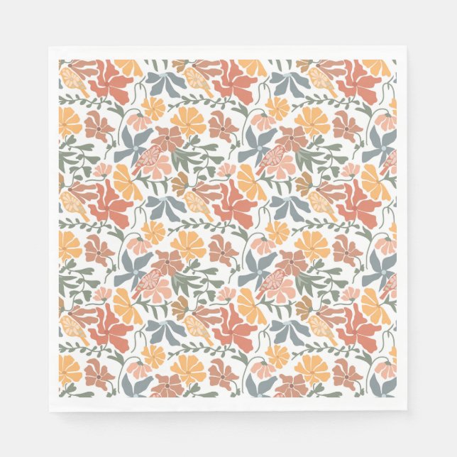 Abstract Floral & Birds Mid Century Modern Pattern Napkins (Front)
