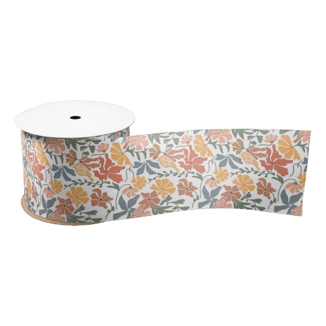 Abstract Floral & Birds Mid Century Modern Pattern Satin Ribbon (Spool)