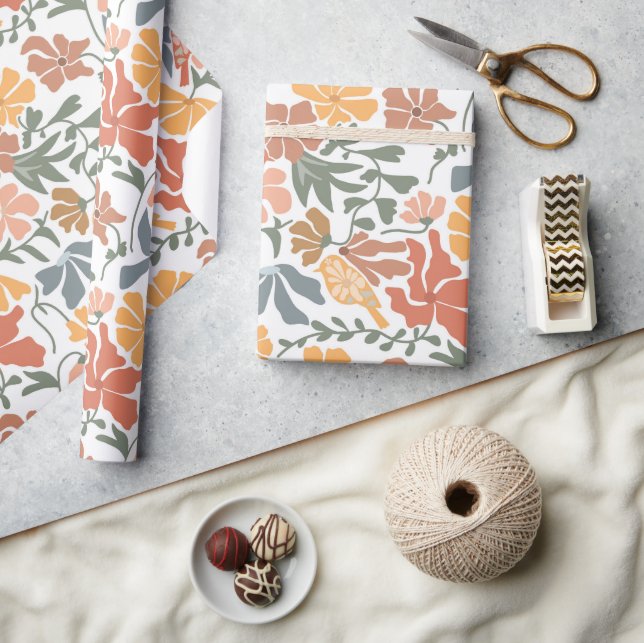 Abstract Floral & Birds Mid Century Modern Pattern Wrapping Paper (Crafts)