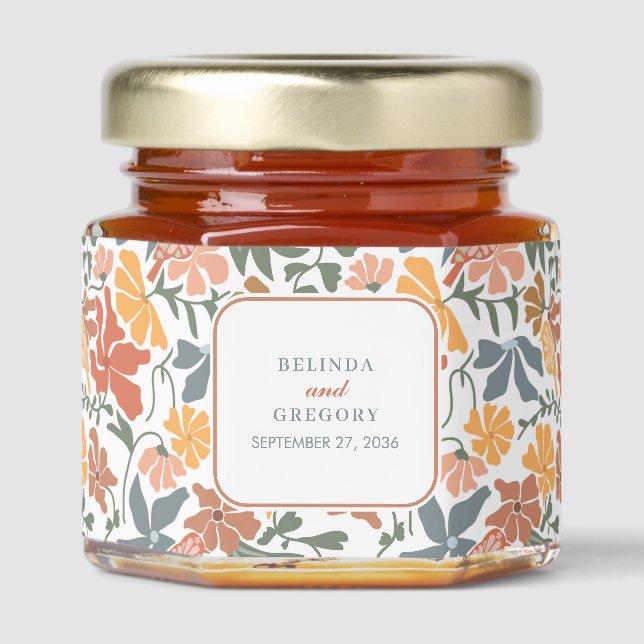 Abstract Floral & Birds Mid Century Modern Wedding Honey Jar Favors (Front)
