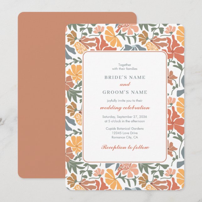 Abstract Floral & Birds Mid Century Modern Wedding Invitation (Front/Back)