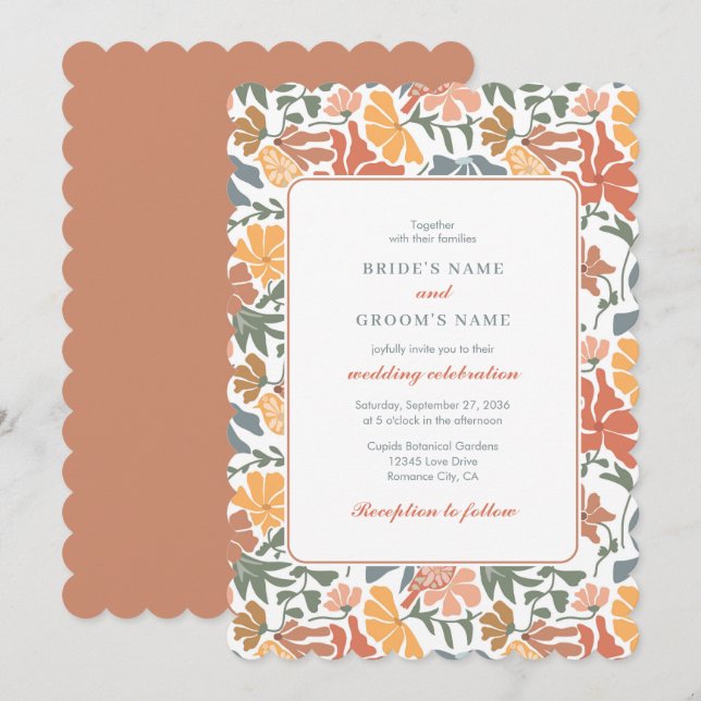 Abstract Floral & Birds Mid Century Modern Wedding Invitation (Front/Back)