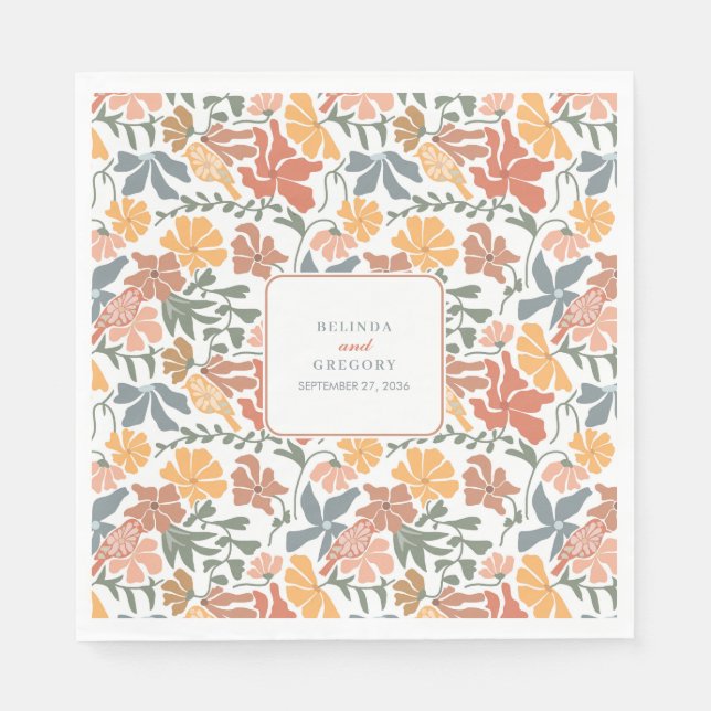Abstract Floral & Birds Mid Century Modern Wedding Napkins (Front)