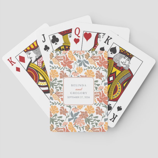 Abstract Floral & Birds Mid Century Modern Wedding Poker Cards (Back)