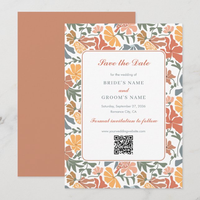 Abstract Floral & Birds Mid Century Modern Wedding Save The Date (Front/Back)