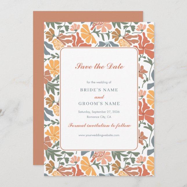 Abstract Floral & Birds Mid Century Modern Wedding Save The Date (Front/Back)