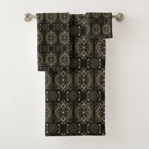 Abstract Floral Black And Gold Bath Towel Set
