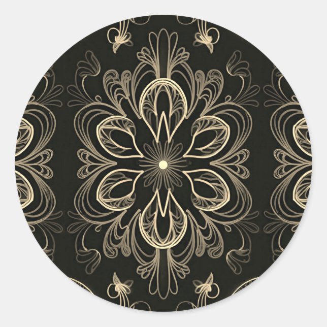 Abstract Floral Black And Gold   Classic Round Sticker (Front)