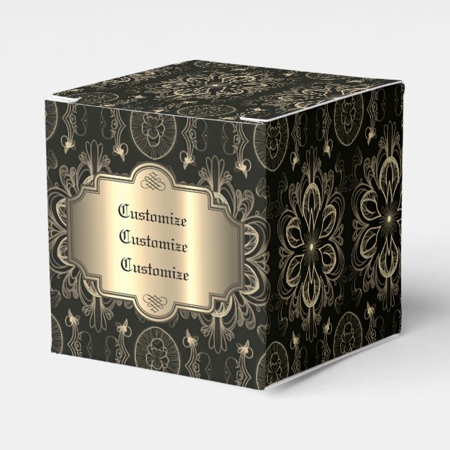Abstract Floral Black And Gold Cube Favor Boxes (Front Side)