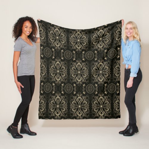 Abstract Floral Black And Gold    Fleece Blanket