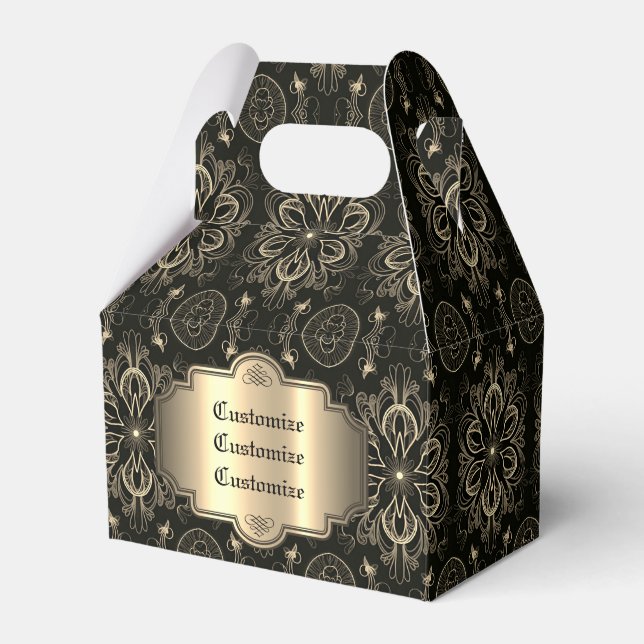Abstract Floral Black And Gold Gable Favor Boxes (Front Side)