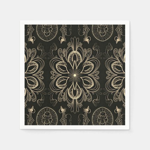 Abstract Floral Black And Gold Pattern Napkins