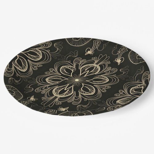 Abstract Floral Black And Gold Pattern Paper Plates