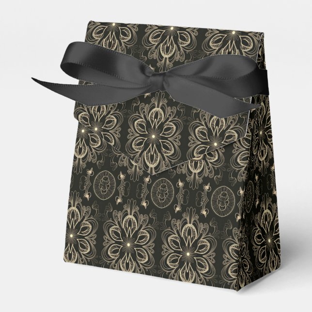 Abstract Floral Black And Gold Tent Favor Boxes (Front Side)