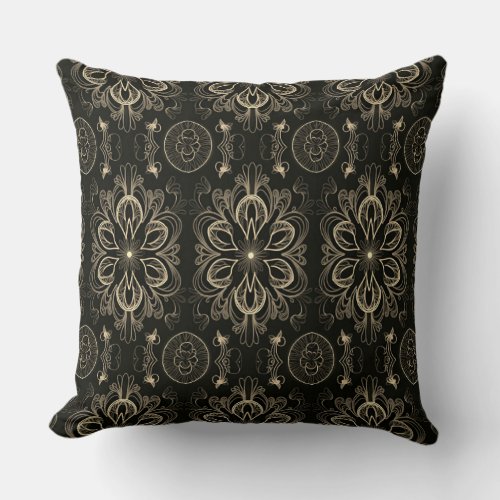 Abstract Floral Black And Gold   Throw Pillow