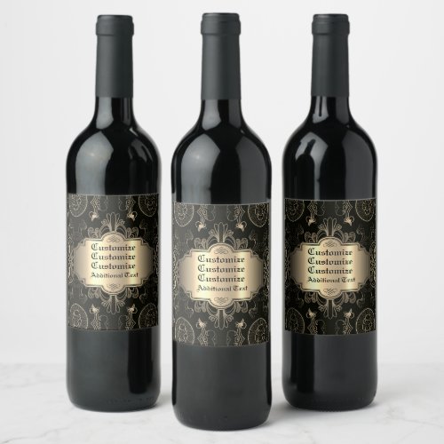Abstract Floral Black And Gold   Wine Label