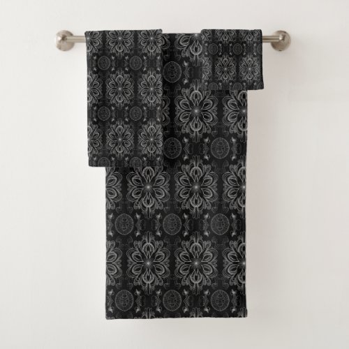 Abstract Floral Black And Gray Bath Towel Set