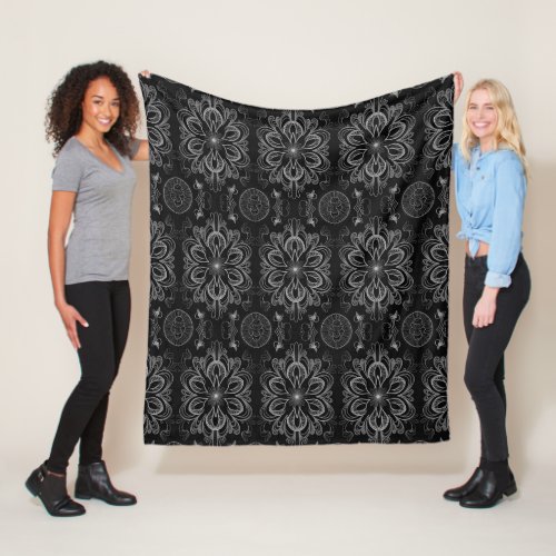 Abstract Floral Black And Gray Fleece Blanket