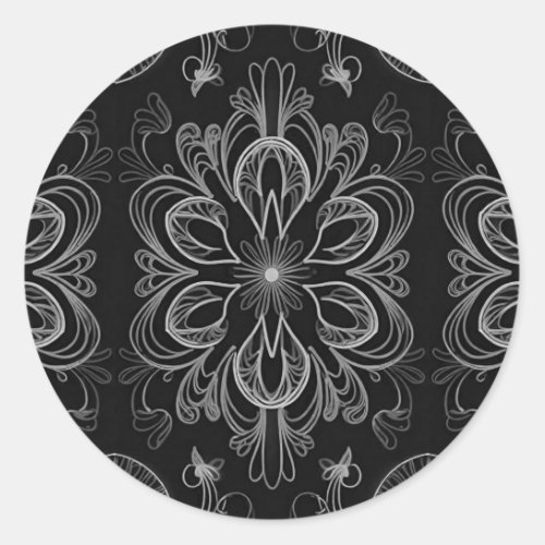 Abstract Floral Black And Silver Classic Round Sticker