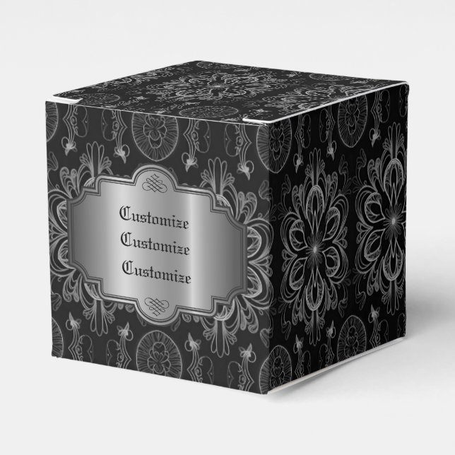 Abstract Floral Black And Silver Cube Favor Boxes (Front Side)