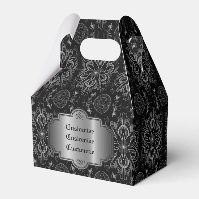 Abstract Floral Black And Silver Gable Favor Boxes (Front Side)