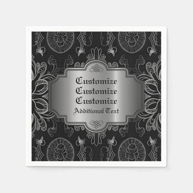 Abstract Floral Black And Silver Napkins (Front)