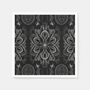 Abstract Floral Black And Silver Pattern Napkins