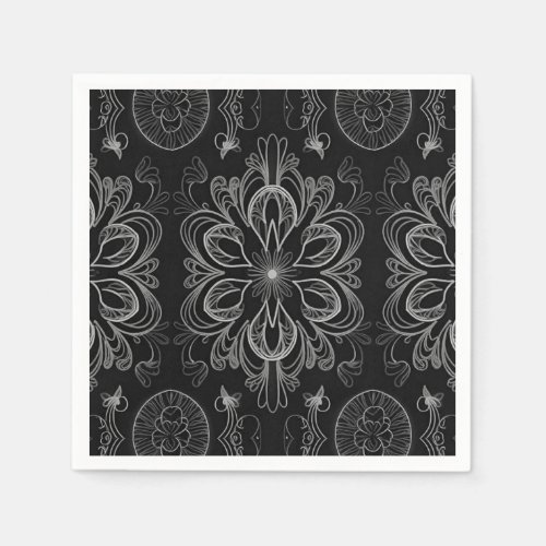 Abstract Floral Black And Silver Pattern Napkins