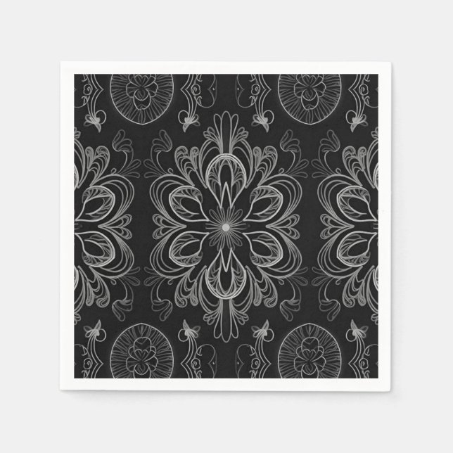 Abstract Floral Black And Silver Pattern Napkins (Front)