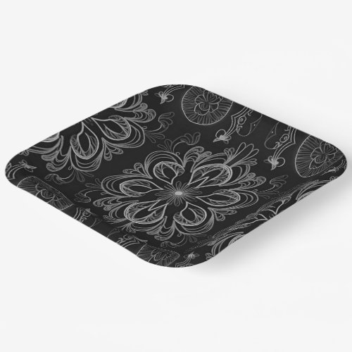 Abstract Floral Black And Silver Pattern Paper Plates