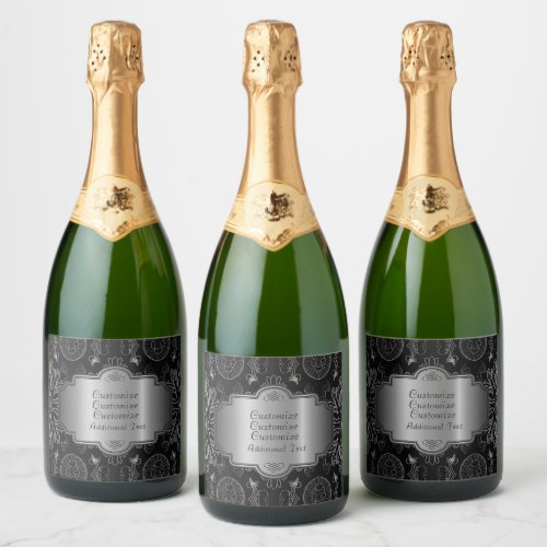 Abstract Floral Black And Silver Sparkling Wine Label
