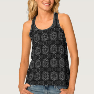 Abstract Floral Black And Silver Tank Top