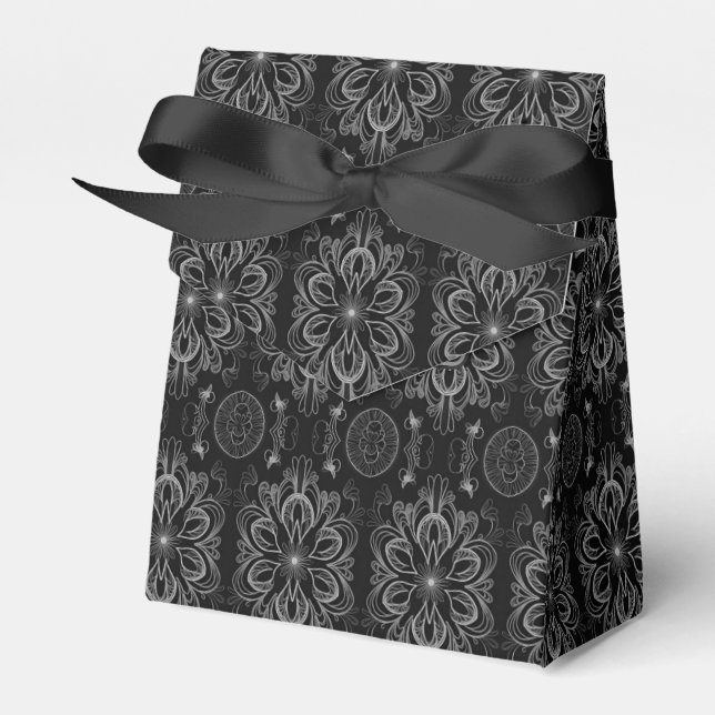 Abstract Floral Black And Silver Tent Favor Boxes (Front Side)