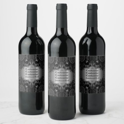 Abstract Floral Black And Silver Wine Label