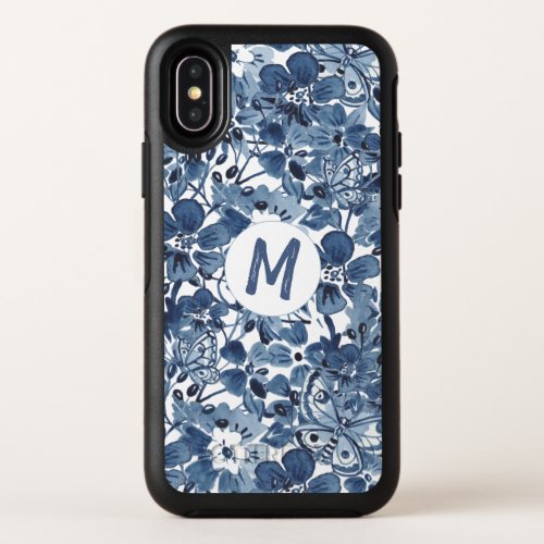 Abstract Floral Blue and White Butterfly Monogram OtterBox Symmetry iPhone X Case