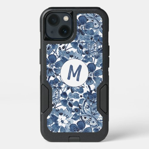 Abstract Floral Blue and White Butterfly Monogram iPhone 13 Case