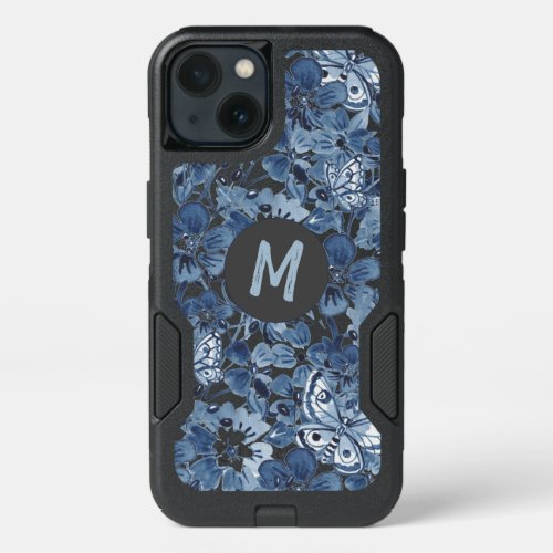 Abstract Floral Blue on Black Butterfly Monogram iPhone 13 Case