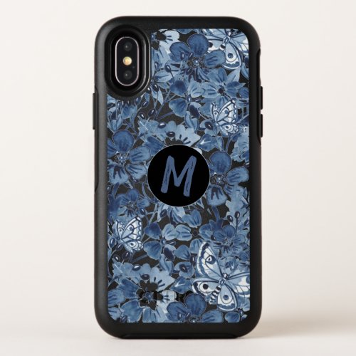 Abstract Floral Blue on Black Butterfly Monogram OtterBox Symmetry iPhone X Case