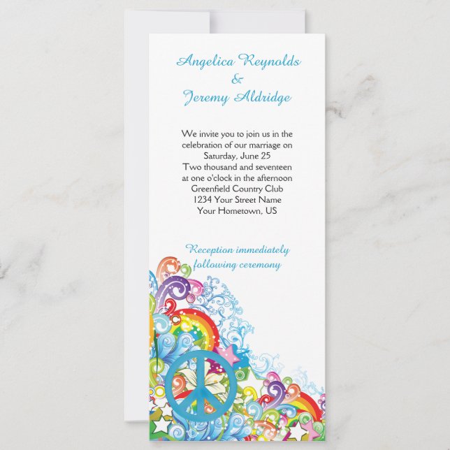 Abstract Floral Blue Peace Sign Post Wedding Invitation (Front)