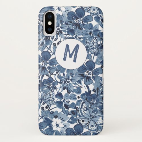 Abstract Floral Blue  White Butterfly Monogram iPhone X Case