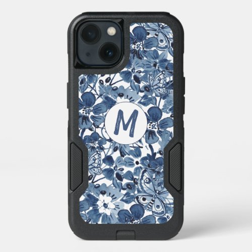 Abstract Floral Blue  White Butterfly Monogram iPhone 13 Case