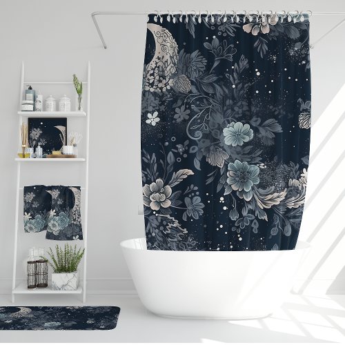 Abstract Floral Celestial Crescents Moon Stars Shower Curtain